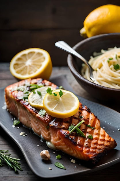 Un piatto di salmone con una ciotola di noodles e una ciotola di limone sul lato.