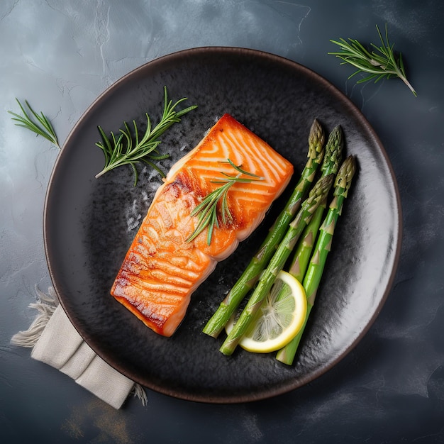 Un piatto di salmone e asparagi con sopra un rametto di rosmarino.