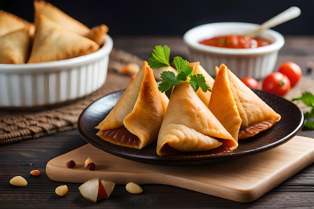 Un piatto di samosa con una ciotola di salsa di pomodoro sul lato.