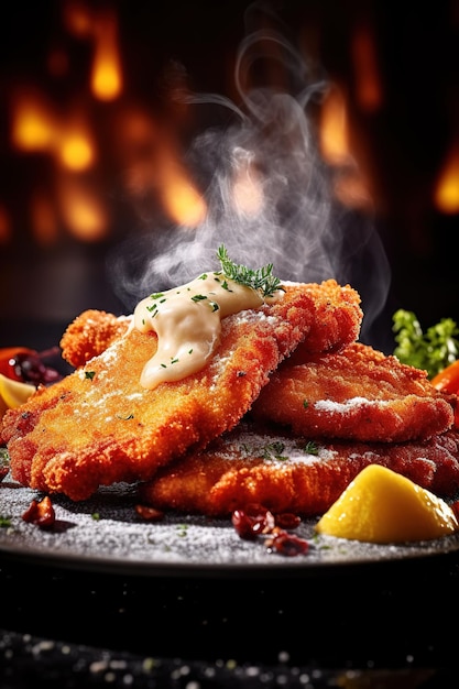 Un piatto di schnitzel con sopra un limone