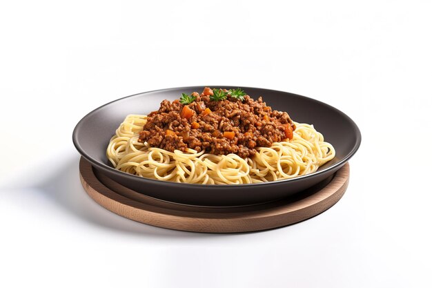 Un piatto di spaghetti al ragù alla bolognese isolato su sfondo bianco