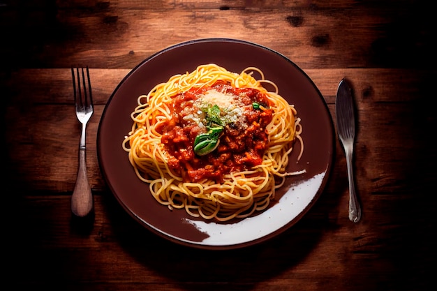 Un piatto di spaghetti al ragù e parmigiano sopra un tavolo di legno