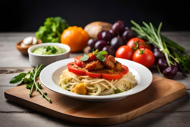 Un piatto di spaghetti al sugo e una ciotolina di salsa di pomodoro.