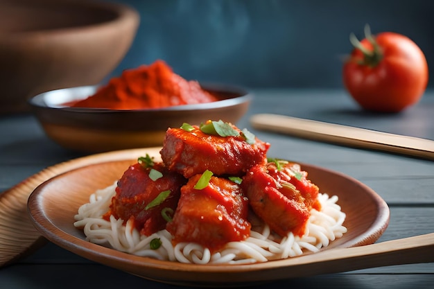 Un piatto di spaghetti con carne di pollo e salsa di pomodoro.