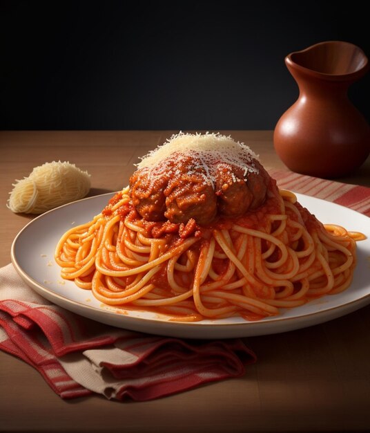 un piatto di spaghetti con carne e formaggio