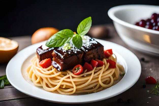 un piatto di spaghetti con carne e verdure sopra.