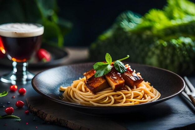 un piatto di spaghetti con carne e verdure