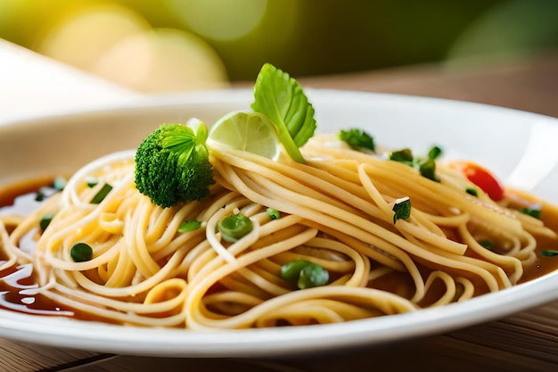 Un piatto di spaghetti con contorni verdi e una foglia verde in cima