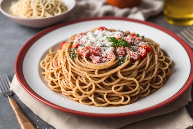 Un piatto di spaghetti con feta e feta