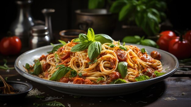 un piatto di spaghetti con foglie di basilico