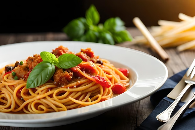 Un piatto di spaghetti con forchetta e coltello su un tavolo di legno.