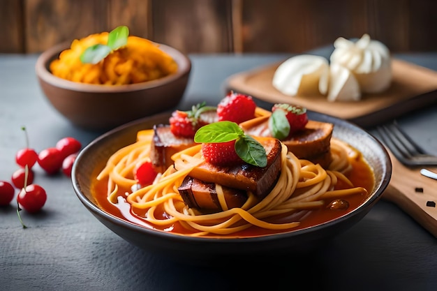 Un piatto di spaghetti con fragole e fragole