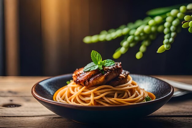 un piatto di spaghetti con pollo e spaghetti e fagioli verdi.