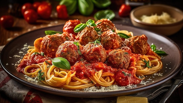 Un piatto di spaghetti con polpette e salsa