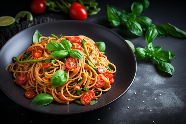 un piatto di spaghetti con pomodori e basilico