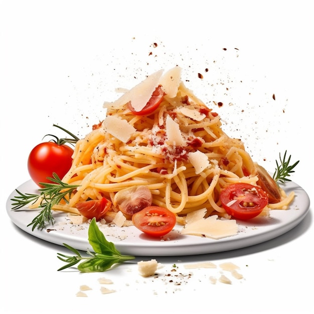 Un piatto di spaghetti con pomodori e formaggio sopra