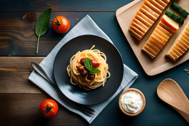 Un piatto di spaghetti con pomodori, olive e olive su un tavolo di legno.