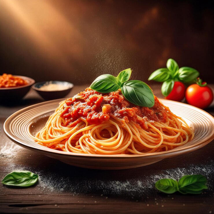 Foto un piatto di spaghetti con salsa di pomodoro e basilico