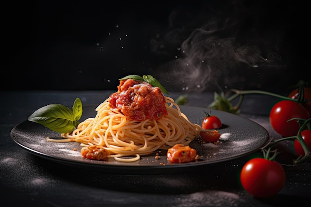 Un piatto di spaghetti con salsa di pomodoro e foglie di basilico a parte.