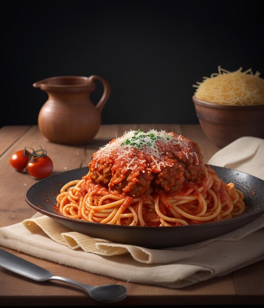 un piatto di spaghetti con salsa di pomodoro e una salsa su di esso