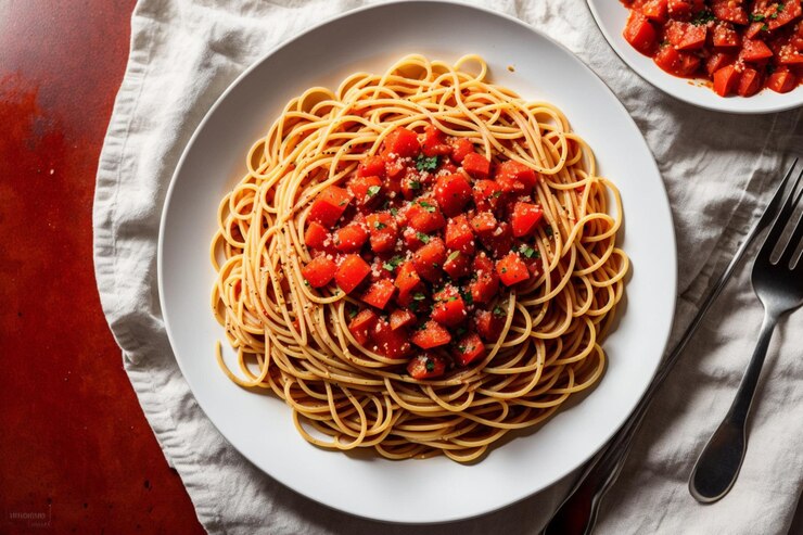 Foto un piatto di spaghetti con salsa di pomodoro in cima
