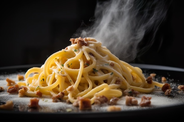 Un piatto di spaghetti con sopra carne e formaggio