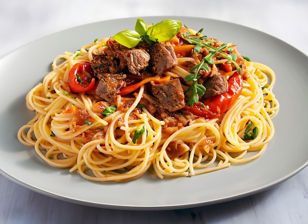 Un piatto di spaghetti con sopra carne e verdure