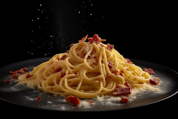 Un piatto di spaghetti con sopra la pancetta