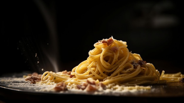 Un piatto di spaghetti con sopra la pancetta