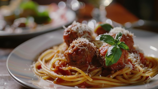 un piatto di spaghetti con sopra polpette e formaggio
