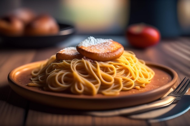 Un piatto di spaghetti con sopra un paio di uova