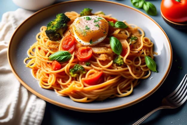 Un piatto di spaghetti con sopra un uovo fritto e dei broccoli