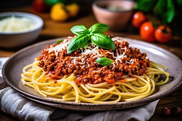 Un piatto di spaghetti con sugo di carne e basilico in cima