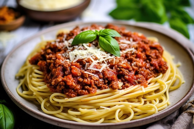 Un piatto di spaghetti con sugo di carne in cima