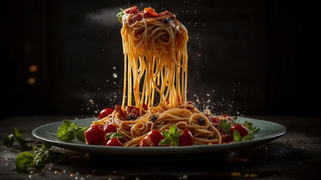 Un piatto di spaghetti con sugo di pomodoro e guanciale