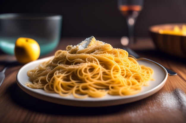 Un piatto di spaghetti con un bicchiere di vino a parte