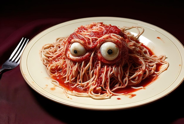 un piatto di spaghetti con un occhio nello stile di halloween