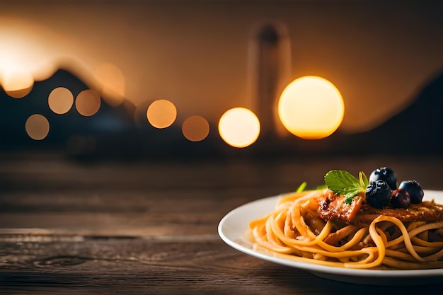 un piatto di spaghetti con un pezzo di carne sopra