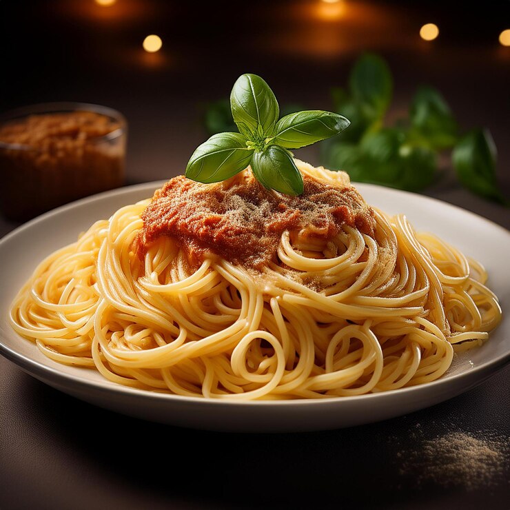 Foto un piatto di spaghetti con un pezzo di carne sopra