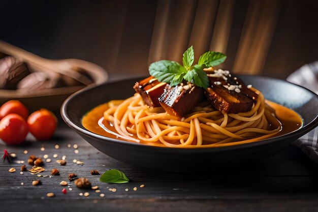 Un piatto di spaghetti con un piatto di cibo con una ciotola di cibo su di esso