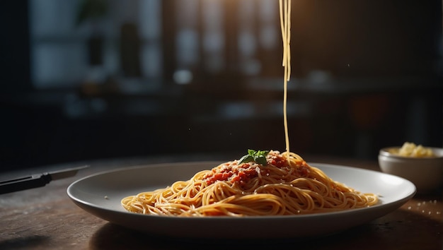 un piatto di spaghetti con un pomodoro e una foglia di basilico in cima