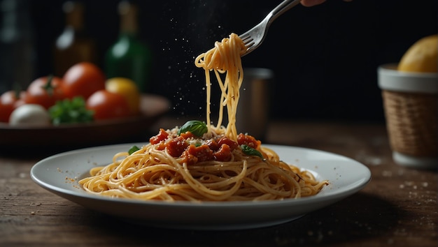 un piatto di spaghetti con un pomodoro e una foglia di basilico in cima