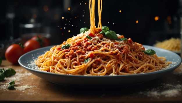 un piatto di spaghetti con un pomodoro e una foglia di basilico in cima