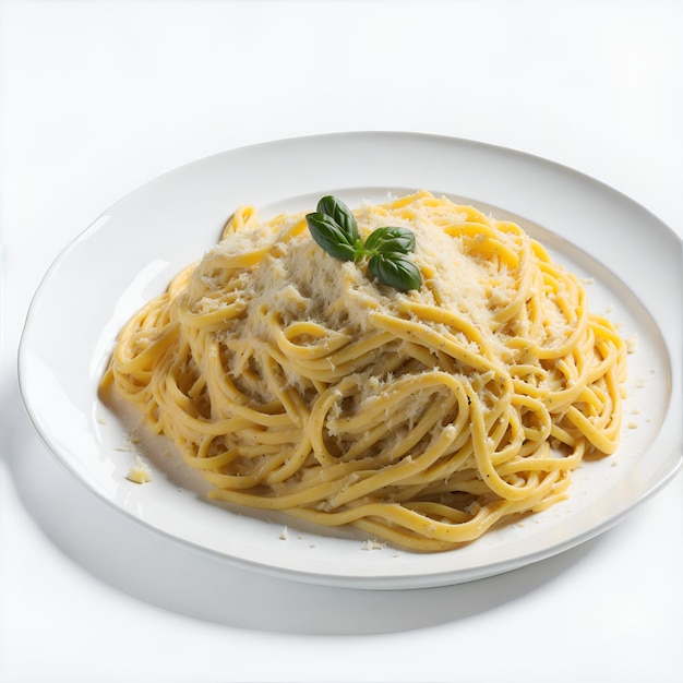 un piatto di spaghetti con una guarnizione verde in cima