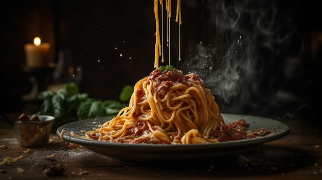 Un piatto di spaghetti con una salsa che viene versata sopra