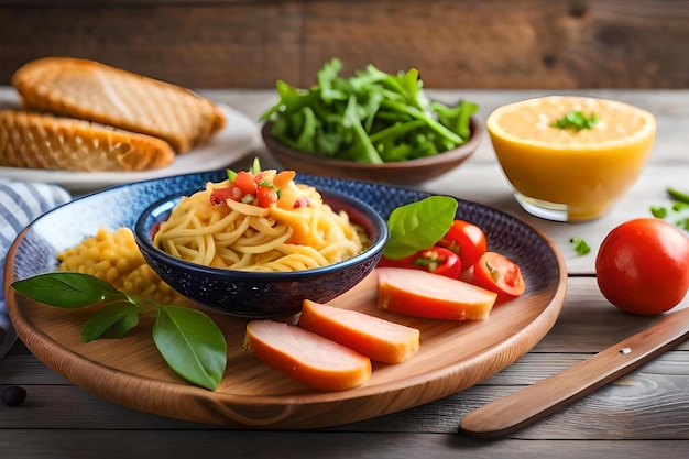 Un piatto di spaghetti con verdure e pasta su un tavolo di legno