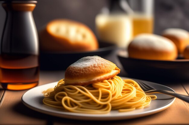 Un piatto di spaghetti e frittelle con dietro una brocca di latte.