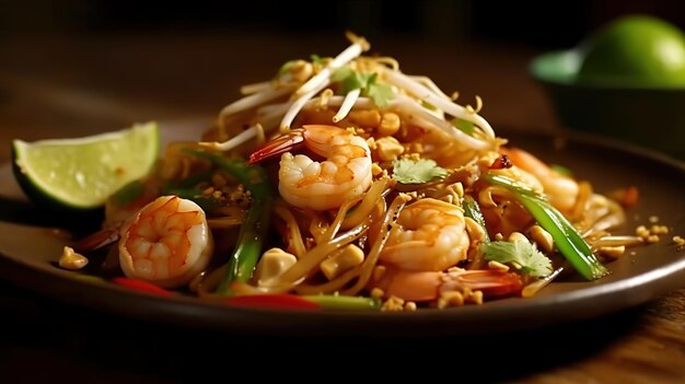 Un piatto di spaghetti pad thai con gamberi e germogli di soia