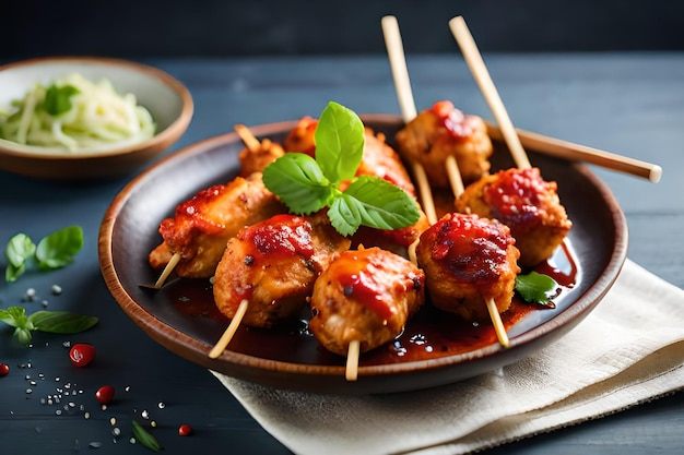 Un piatto di spiedini di pollo con un contorno di verdure verdi.