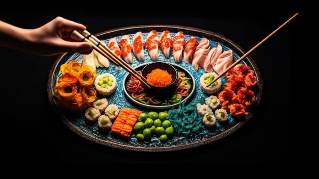 Un piatto di sushi artisticamente sistemato con zenzero in salamoia e wasabi